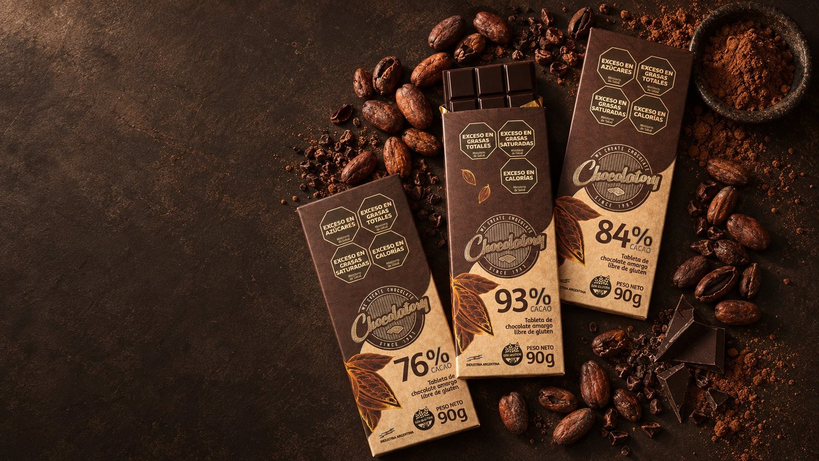 Vista cenital de chocolate amargo y cacao sobre piedra