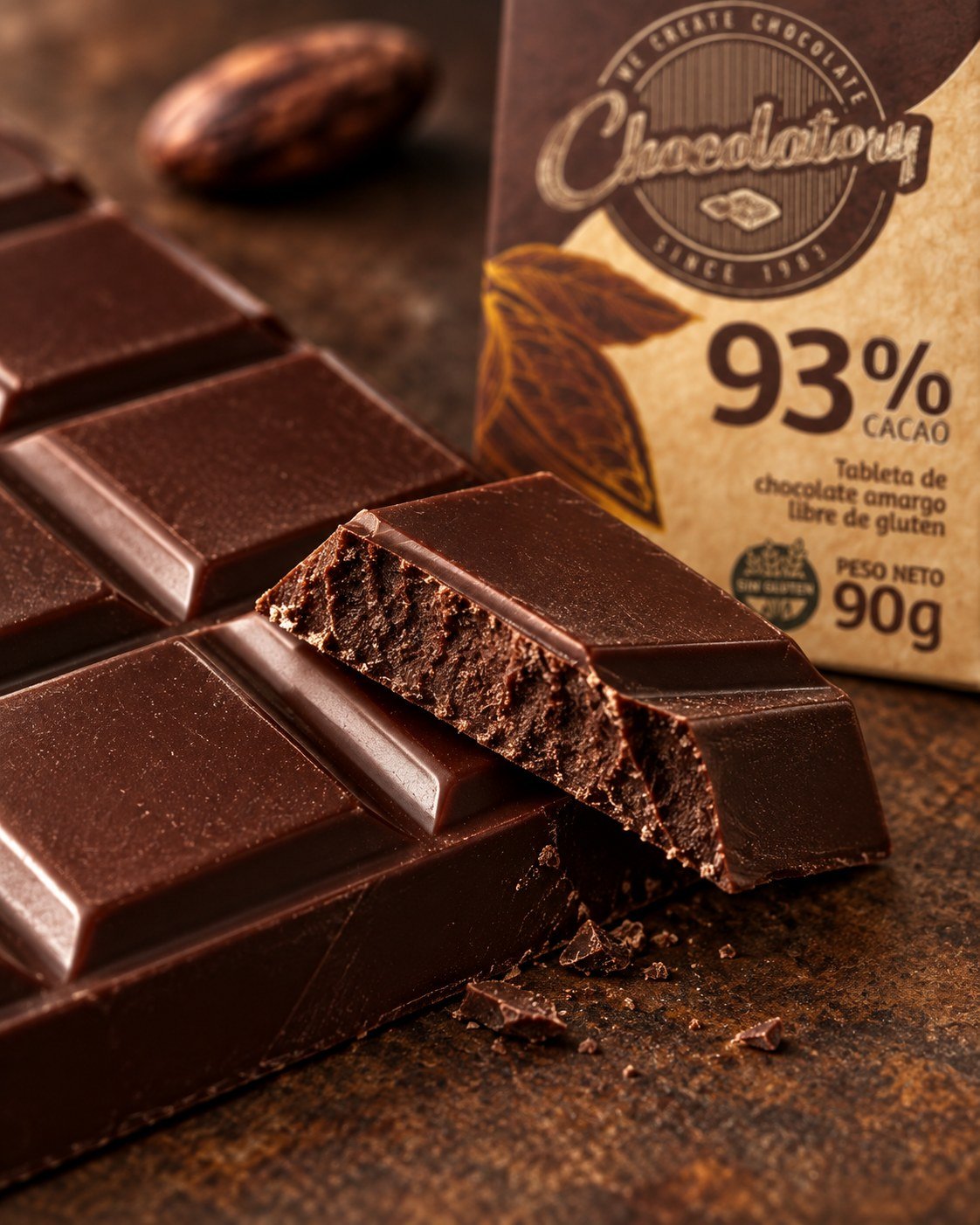 Textura y quiebre de la tableta de chocolate amargo Chocolatory