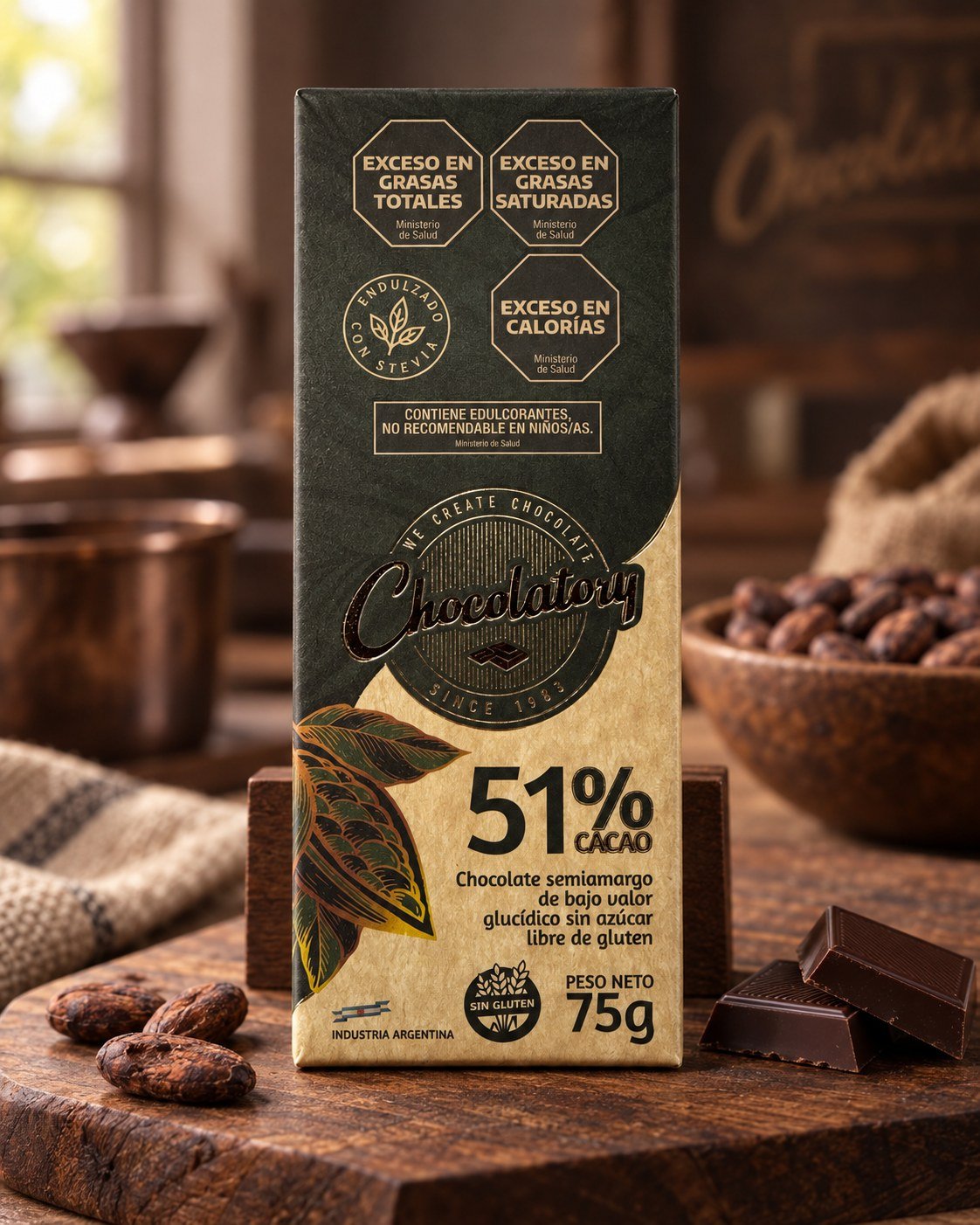 Tableta de chocolate semi amargo sin azúcar Chocolatory 51%